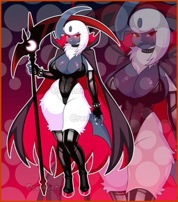 anthro anthrofied big_breasts border breasts camel_toe choker clothing coat crescent_moon female fur huge_breasts jewelry legwear leotard melee_weapon moon necklace orange_border pokemorph polearm red_eyes scythe simple_background small_waist solo stockings thick_thighs topwear weapon white_body white_fur wide_hips revkoen nintendo pokemon absol generation_3_pokemon pokemon_(species) absurd_res hi_res