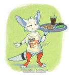 anthro beverage blue_eyes cake cheek_tuft clothed clothing cookie dessert eyes_closed facial_markings facial_tuft food front_view fur glistening glistening_eyes head_markings head_tuft legwear male markings mouth_closed open_mouth orange_clothing orange_legwear red_tongue shirt simple_background solo standing t-shirt tail text tongue topwear tuft white_body white_fur mylafox minnow_(lemonynade) species_request 2020 animated artist_name dated full-length_portrait hi_res portrait short_playtime signature url