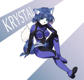 accessory anthro beads belt blue_body blue_fur blue_hair bodysuit breasts circlet clothing dipstick_tail eyebrows eyelashes female fur green_eyes hair hair_accessory hair_beads inner_ear_fluff kemono markings sitting skinsuit smile solo tail tail_markings tight_clothing tuft white_body white_fur namagakiokami nintendo star_fox krystal_(star_fox) canid canine fox mammal 2025 absurd_res hi_res