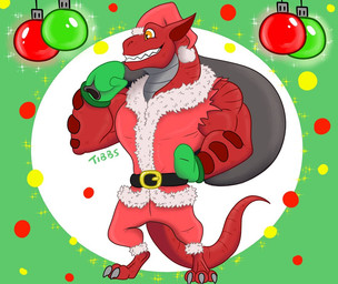 anthro christmas_clothing christmas_headwear clothing gloves handwear hat headgear headwear holidays male orange_eyes red_body santa_hat solo tail tibbs christmas mythology baku_(tibbs) dragon mythological_creature mythological_scalie scalie
