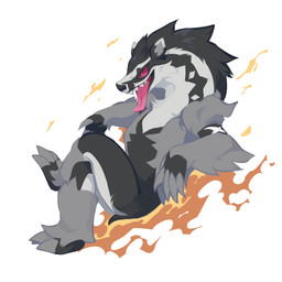anthro arm_tuft bent_legs black_body black_fur crossed_legs fire fur glistening glistening_eyes grey_body grey_fur head_tuft leg_over_thigh long_neck male narrowed_eyes neck_tuft nude open_mouth sharp_teeth simple_background solo teeth three-quarter_view tongue tongue_out tuft unsigned white_background corzh77 nintendo pokemon generation_8_pokemon obstagoon pokemon_(species) 1:1 absurd_res full-length_portrait hi_res portrait