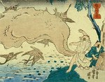 anthro asian_clothing balls big_balls clothing duo east_asian_clothing feral fishing genitals huge_balls japanese_clothing male net text transformation utagawa_kuniyoshi avian bird canid canine mammal raccoon_dog tanuki 1844 19th_century ancient_art japanese_text low_res