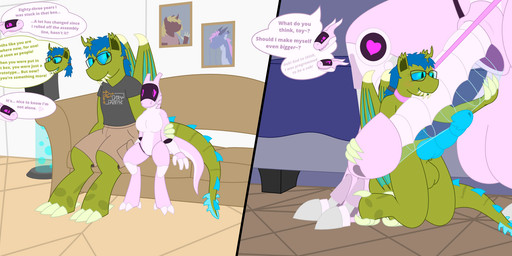 2_panel_comic 3_fingers 3_toes 4_fingers 4_toes animal_genitalia anthro balls bed big_balls big_penis blade blue_eyes blue_hair bottomwear breasts cargo_shorts claws clothing collar collar_only countershade_tail countershade_torso countershading detailed_background digitigrade dominant dominant_anthro dominant_gynomorph dominant_intersex duo erection eyewear fangs feet female fingers frottage fti_transformation furniture gender_transformation genitals glasses green_arms green_body green_claws green_legs green_tail gynomorph gynomorph/male hair horn huge_balls huge_penis hugging_penis hydraulics hyper hyper_balls hyper_genitalia hyper_penis intersex intersex/male kneeling knot knotted_penis larger_dom larger_intersex larger_male leash leashed_male male male/female markings membrane_(anatomy) membranous_wings nude on_bed on_sofa penile penis penises_touching pink_arms pink_body pink_legs pink_tail ponytail print_clothing print_shirt print_t-shirt print_topwear purple_eyes screen_eyes segmented_penis sex sheath shirt shorts sitting sitting_on_bed sitting_on_sofa size_difference size_transformation smaller_female smaller_male sofa speech_bubble spiked_glans submissive submissive_anthro submissive_male t-shirt tail tail_blade tail_ridge teeth text toes topwear transformation translucent translucent_penis translucent_wings weapon_tail wearing_glasses wings mr_dr_sir friendship_is_magic hasbro my_little_pony mythology sapphire_(mds) sigma_(epsilonthederg) changeling_(mlp) dracoling dragon hybrid mythological_creature mythological_scalie scalie synth_(vader-san) english_text hi_res herm_(lore) maleherm_(lore)
