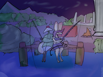 anthro campfire camping camping_tent clothed clothed_anthro clothing couples docks duo fishing fishing_line fishing_rod forest mountain night outside plant romantic romantic_couple ruins sitting tail_wrapped_around_body text tongue tongue_out tree rockpankake nara_(minty_flur) roi_(rockpankake) canid canine fennec_fox fox mammal miteling true_fox 2026 4:3 digital_media_(artwork) english_text hi_res