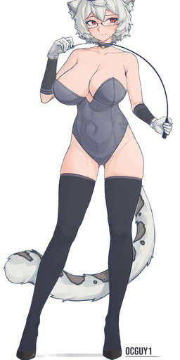 anthro bell bell_collar big_breasts breasts cleavage clothed clothing collar eyewear female glasses gloves hair handwear hat headgear headwear legwear long_tail not_furry red_eyes solo standing tail thigh_highs whip white_hair ocguy1 lumi_(dog_with_a_chainsaw) animal_humanoid felid humanoid mammal pantherine snow_leopard absurd_res hi_res