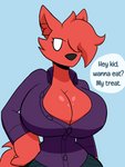 anthro asking asking_for_date asking_viewer big_breasts big_hands breasts cleavage clothed clothing curvy_figure dialogue female fur hair hair_over_eye half-closed_eyes huge_breasts looking_at_viewer narrowed_eyes no_pupils one_eye_obstructed question red_body red_fur simple_background small_waist solo talking_to_viewer text unbuttoned wide_hips yes-no_question lemondude taylor_(lemondude) canid canine fox mammal 3:4 english_text hi_res