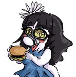 anthro black_hair blush burger chibi clothed clothing dress female food hair long_hair pupils simple_background slit_pupils solo white_background white_body yellow_eyes faustanon cavemanon_studios i_wani_hug_that_gator lunara_(iwhtg) bambiraptor dinosaur dromaeosaurid prehistoric_species reptile scalie theropod sketch