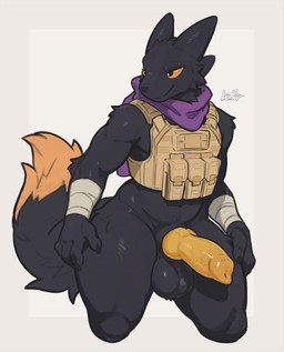 animal_genitalia animal_penis anthro arm_wraps balls black_body black_fur bulletproof_vest canine_genitalia canine_penis dipstick_tail erection fur genitals knot lidded_eyes male male_anthro markings orange_eyes orange_sclera orange_tail_tip penis purple_scarf scarf simple_background slightly_chubby smile solo tactical_gear tail tail_markings thick_thighs white_background wraps botter_(artist) casualties:_unknown expie_(gunsawian) gunsawian digital_drawing_(artwork) digital_media_(artwork) hi_res