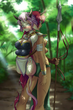 4_breasts 4_missing_limbs amputee armor blush bottomwear breasts carrying_another cleavage clothed clothing detailed_background disability duo ear_piercing entwined_tails facial_piercing female forest hair harness horn loincloth long_hair looking_at_viewer looking_back melee_weapon multi_breast navel nipple_outline nipple_piercing nipples nose_piercing outside piercing pink_hair plant polearm quadruple_amputee red_hair septum_piercing spear standing tail tail_coil tail_tuft topless tree tuft weapon gamera_(artist) animal_humanoid bovid bovid_humanoid bovine bovine_humanoid cattle_humanoid humanoid mammal mammal_humanoid 2010 2:3