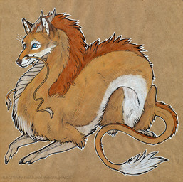 ambiguous_feral ambiguous_gender blue_eyes brown_body brown_fur brown_nose cheek_tuft facial_tuft feral fur glistening glistening_eyes mane mouth_closed side_view solo tail tail_tuft tuft white_body white_fur heatherwolf mythology canid canine dragon eastern_dragon fox furred_dragon furred_scalie hybrid mammal mythological_creature mythological_scalie scalie