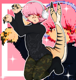 ambiguous_gender bandage bandage_on_face bandage_on_nose black_clothing black_sweater black_topwear black_turtleneck bottomwear camo camo_bottomwear camo_clothing camo_pants camo_print claws clothing earmuffs eye_patch eyewear fangs gradient_background hair pants pattern_bottomwear pattern_clothing pattern_pants pink_hair pixelated_background shark_tail simple_background solo suggestive_pose sweater tail teeth text topwear turtleneck infinitycvtter joel_devor aquatic fish human hybrid mammal shark hi_res japanese_text
