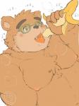 anthro banana belly blush brown_body brown_fur cute_fangs eyewear fangs food fruit fur glasses male moobs navel nipples overweight overweight_anthro overweight_male plant solo teeth text tongue tongue_out buta5kawa hamuga86 lifewonders tokyo_afterschool_summoners volos_(tas) bear mammal 2019 absurd_res hi_res japanese_text