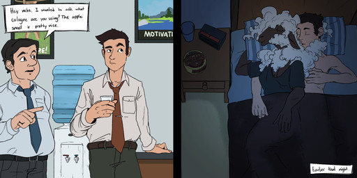 anthro bed breasts container cup dialogue female furniture hair male night pillow text tie_clip water_cooler lockheed_martini bovid caprine human mammal sheep wool_(disambiguation) absurd_res comic english_text hi_res