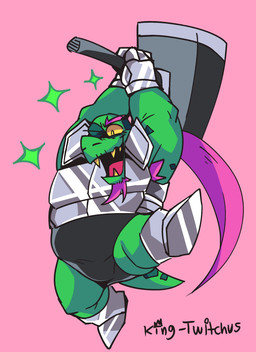 anthro armor armpit_hair body_hair briefs clothing eyebrows green_body hair hammer long_hair male mature_male pink_hair ponytail thick_eyebrows tools unconvincing_armor underwear king_twitchus deltarune undertale_(series) gerson gerson_boom_(deltarune) reptile scalie turtle absurd_res hi_res
