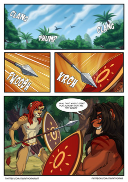 anthro athletic athletic_anthro athletic_male balls bottomwear clothed clothing dialogue duo fight fingers flaccid foreskin forest fur genitals hair holding_melee_weapon holding_object holding_polearm holding_shield holding_spear holding_weapon humanoid_genitalia humanoid_penis loincloth loincloth_only male male/male melee_weapon muscular muscular_anthro muscular_male nipples outside partially_retracted_foreskin pecs penis plant polearm shield smile spear speech_bubble standing tail text topless topless_anthro topless_male tree weapon darkthorns felid lion mammal pantherine comic digital_media_(artwork) english_text hi_res url