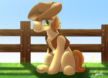 fence feral grass male plant sitting solo wood wood_fence melodikpone friendship_is_magic hasbro my_little_pony braeburn_(mlp) earth_pony equid equine horse mammal pony hi_res signature