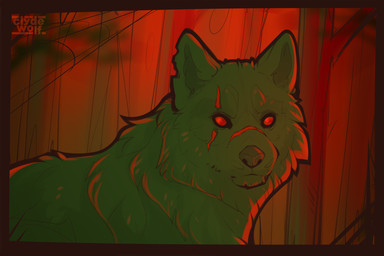 ambiguous_gender feral forest front_view fur green_body green_fur inner_ear_fluff looking_at_viewer outside plant red_eyes scar solo tree tuft clyde_wolf canid canine canis mammal wolf 2026 3:2 digital_drawing_(artwork) digital_media_(artwork)