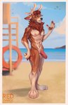 anthro beach clothing erection foreskin fur genitals horn lifeguard looking_at_viewer male multicolored_body multicolored_fur nipples nude orange_eyes outside penis sand seaside simple_background sky smile solo swimwear two_tone_body two_tone_fur water wet wet_body reds redsmock bowie_(bucklin) avian bird corvid deer mammal oscine passerine absurd_res digital_media_(artwork) full-length_portrait hi_res portrait