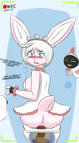 alternate_species anthro bathroom big_breasts big_butt blue_eyes blush bodily_fluids bottomwear breasts butt clothed clothing collar dialogue embarrassed feces female fingerless_gloves fur gloves hair handwear heart_symbol looking_at_viewer mortified open_mouth partially_clothed pink_body pink_fur pooping pooping_in_toilet raised_bottomwear raised_clothing raised_skirt recording simple_background sitting skirt solo spiked_collar spikes tail text toilet toilet_paper toilet_use topwear white_hair wide_hips x-ray_view notmypornaccount arc_system_works guilty_gear elphelt_valentine lagomorph leporid mammal rabbit 2025 absurd_res digital_media_(artwork) english_text hi_res