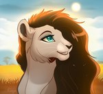 blue_eyes blue_sky cloud countershade_fur countershading day eyebrows eyelashes female fur grey_body grey_fur hair outside plant savanna sky smile solo sun teeth tree whiskers layala felid mammal 2017 artist_name digital_media_(artwork) shaded