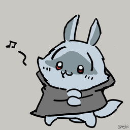 anthro blush blush_lines chibi clothed clothing dancing grey_background happy male musical_note musical_symbol red_eyes simple_background smile solo symbol negigi dreamworks puss_in_boots_(franchise) death_(puss_in_boots) canid canine canis mammal wolf 1:1 signature