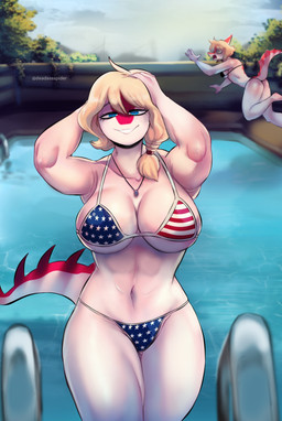5_fingers american_flag_bikini anthro big_breasts bikini black_bikini black_clothing black_swimwear blonde_hair blue_eyes braided_hair braided_ponytail breasts butt cleavage clothed clothing curvy_figure duo female fingers flag_bikini front_view green_eyes hair hand_in_hair hand_on_head long_tail looking_at_viewer narrowed_eyes navel orange_body orange_scales outside plant ponytail red_body red_scales scales shrub smile smiling_at_viewer spiked_tail spikes spikes_(anatomy) swimming_pool swimwear tail thigh_gap touching_hair tree two-piece_swimsuit water white_body white_scales wide_eyed deadassspider cavemanon_studios goodbye_volcano_high i_wani_hug_that_gator ko_op_(game_developer) mia_moretti naomi_(gvh) dinosaur hadrosaurid ornithischian ornithopod parasaurolophus prehistoric_species reptile scalie absurd_res colored hi_res