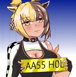 animal_ears big_breasts black_clothing black_gloves black_handwear black_topwear blonde_hair blue_background blush breasts brown_body brown_fur brown_hair choker cleavage clothed clothing dark_body dark_skin dipstick_ears ear_markings female fingerless_gloves front_view fur gloves hair handwear holding_license_plate holding_object jewelry license_plate looking_at_viewer multicolored_ears multicolored_hair necklace orange_eyes simple_background solo text topwear two_tone_hair white_background white_body white_clothing white_fur white_topwear yellow_body yellow_fur jirenforggst top_gear vtuber kiri_kilovolt animal_humanoid giraffe_humanoid giraffid giraffid_humanoid humanoid mammal mammal_humanoid hi_res