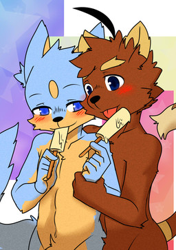 5_fingers abstract_background anthro anthro_on_anthro arm_grab biped black_nose blue_body blue_eyes blue_fur blush brown_body brown_fur cheek_tuft crotch_tuft dipstick_ears dipstick_tail duo ear_markings eating eyebrows facial_tuft fingers food fur fur_markings grabbing_from_behind half-closed_eyes head_tuft holding_food holding_object inner_ear_fluff licking male male/male markings multicolored_body multicolored_ears multicolored_fur multicolored_tail narrowed_eyes navel nude popsicle romantic romantic_couple simple_background smile standing tail tail_markings tan_body tan_fur thick_eyebrows tongue tongue_out tuft two_tone_body two_tone_fur v-cut saku1saya seiya_(saku1saya) canid canine canis domestic_dog mammal 2015 absurd_res hi_res