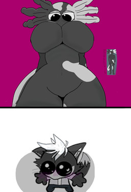 ambiguous_gender anthro big_breasts breasts duo featureless_breasts featureless_crotch female huge_breasts low-angle_view navel non-mammal_breasts non-mammal_navel simple_background thick_thighs under_boob wide_hips xybzthtacali elpool amphibian aquatic axolotl canid canine mammal mole_salamander salamander absurd_res hi_res meme male_(lore)