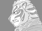 face_focus grey_background male serious_face side_view simple_background solo bbrt534 nekojishi studio_klondike lin_hu felid mammal pantherine tiger absurd_res greyscale hi_res monochrome