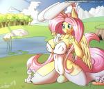 ambiguous_gender anthro anthrofied blush breasts burrow cleavage clothed clothing cloud cutie_mark feathered_wings feathers female group hair lily_pad long_hair outside pink_hair plant text tree water wings silverfox057 friendship_is_magic hasbro my_little_pony mythology fluttershy_(mlp) equid equine lagomorph leporid mammal mythological_creature mythological_equine pegasus rabbit 2016 absurd_res hi_res url