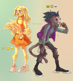 anthro beak black_clothing black_footwear black_shoes blonde_hair blue_clothing blue_topwear bodily_fluids bottomwear chain clothed clothing duo emoji fangs feathers female footwear front_view gradient_background grey_body grey_bottomwear grey_clothing grey_hair grey_pants hair hand_on_leg male narrowed_eyes open_mouth orange_bottomwear orange_clothing orange_skirt pants purple_clothing purple_topwear red_tongue shoes simple_background skirt standing teeth three-quarter_view tongue topwear vomit vomiting white_clothing white_footwear white_shoes yellow_body yellow_feathers admiralobster avian bird chicken galliform haplorhine mammal monkey phasianid primate hi_res signature