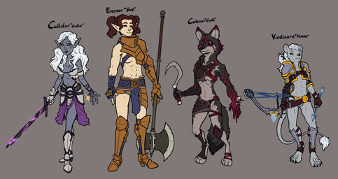 4_toes abs accessory anthro archer armband armor arrow_(weapon) asymmetrical_clothing axe battle_axe belt biceps biped black_armor black_body black_fur black_lips black_nose black_ribbon black_sclera black_sword blue_bottomwear blue_clothing blue_gloves blue_hair_tie blue_handwear blue_loincloth boots bottomwear bow_(weapon) bracelet breasts brown_armor brown_belt brown_boots brown_clothing brown_footwear brown_hair clothed clothing compound_bow digitigrade eyebrows fangs fantasy feet female female_anthro female_humanoid footwear front_view fur gauntlets gloves greaves grey_body grey_ears grey_fur grey_skin grey_tail group hair hair_accessory hair_ribbon hair_tie handwear holding_arrow holding_axe holding_battle_axe holding_bow_(weapon) holding_melee_weapon holding_object holding_ranged_weapon holding_sickle holding_sword holding_weapon humanoid_pointy_ears jewelry lips loincloth long_hair medium_breasts melee_weapon midriff mouth_closed multicolored_body multicolored_fur muscular muscular_female muscular_humanoid navel pale_skin paws pigtails plantigrade pointy_ears ponytail pupils purple_bottomwear purple_bracelet purple_clothing ranged_weapon red_body red_clothing red_eyes red_fur ribbons shoes sickle skimpy snout standing sword tail tail_tuft teeth toes topwear tuft unconvincing_armor warrior weapon white_armband white_armor white_bottomwear white_clothing white_eyebrows white_hair white_inner_ear white_tail_tuft white_topwear yellow_eyes soulcentinel canid canine canis dark_elf elf felid humanoid lion mammal pantherine vampire wolf 2025 absurd_res hi_res