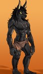 5_fingers 5_toes abs anthro athletic athletic_anthro athletic_male barefoot black_body black_fur black_hair black_nose bottomwear claws clothed clothing feet finger_claws fingers fur hair half_naked humanoid_feet humanoid_hands loincloth loincloth_only long_hair male muscular muscular_anthro muscular_male navel nipples pecs plantigrade solo teeth toe_claws toes topless topless_anthro topless_male tcrakman jabari_(megajeff1989) anubian_jackal canid canine canis jackal mammal 2023 hi_res