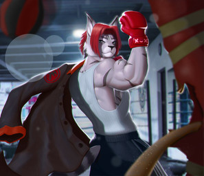 anthro athletic athletic_anthro athletic_male black_bottomwear black_clothing black_shorts bottomwear boxing boxing_gloves butt clothing fighting_ring gym handwear inside lights male muscular sand shirt shorts solo sport tank_top topwear white_clothing white_shirt white_tank_top white_topwear furayob taryn_crimson felid feline lynx mammal 2022 hi_res
