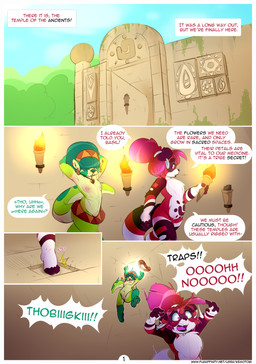 anthro areola barefoot barely_visible_genitalia booby_trap breasts casual_nudity covered_eyes dialogue ear_piercing ear_ring falling feet female fire fluffy fluffy_tail fur genitals hair holding_object holding_torch jewelry male markings multicolored_body necklace nipples nude piercing plant red_hair ring_piercing scared solo tail temple text tied_hair torch tree tribal tribal_markings vulva kemotobi basil_(kemotobi) tobiki_(kemotobi) domestic_ferret mammal mustelid musteline otter true_musteline weasel 2017 comic english_text hi_res