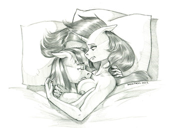 anthro anthrofied areola bed between_breasts bodily_fluids breasts crying cuddling duo ears_down eyebrows eyes_closed face_in_breasts female furniture hair horn hug long_hair nipples nude pillow pivoted_ears sleeping tears baron_engel friendship_is_magic hasbro my_little_pony mythology coco_pommel_(mlp) rarity_(mlp) earth_pony equid equine horse mammal mythological_creature mythological_equine pony unicorn 2022 graphite_(artwork) greyscale monochrome traditional_media_(artwork)