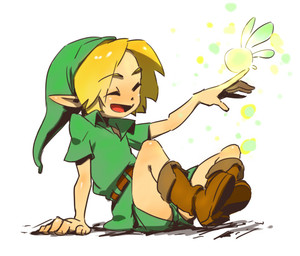 blonde_hair boots clothing duo eyes_closed footwear hair hat headgear headwear humanoid_pointy_ears light_body light_skin male not_furry open_mouth open_smile pointy_ears shoes simple_background sitting smile wings yosino1985 nintendo ocarina_of_time the_legend_of_zelda navi young_link elf fairy humanoid hylian