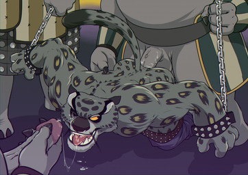 anal anal_penetration anthro anthro_on_anthro anthro_penetrated anthro_penetrating anthro_penetrating_anthro balls bareback bdsm bodily_fluids bottomwear bottomwear_down bound butt chain chained clothed clothing cum cum_drip cum_in_mouth cum_inside cum_on_eye cum_on_face cum_on_penis cum_on_tongue dripping erection fur gangbang genital_fluids genitals group group_sex humanoid_genitalia humanoid_penis looking_back male male/male male_penetrated male_penetrating male_penetrating_male muscular muscular_male open_mouth orgasm pants pants_down partially_clothed penetration penile penile_penetration penis raised_tail sex submissive submissive_male tail tongue shukeiart dreamworks kung_fu_panda tai_lung_(kung_fu_panda) felid leopard mammal pantherine rhinoceros snow_leopard