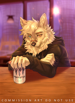 5_fingers anthro band-aid bandage beverage black_claws black_clothing black_hoodie black_nose black_topwear blue_eyes claws clothed clothing crossed_arms energy_drink fingers fur furniture heterochromia hoodie inside looking_at_viewer male neck_tuft snout solo table text topwear tuft white_body white_fur yellow_eyes ayafiy0 monster_energy simon_(killercanid) canid canine canis domestic_dog mammal spitz yakutian_laika absurd_res english_text hi_res