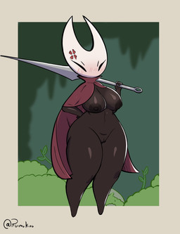 anthro areola big_breasts black_eyes black_lines border breasts brown_areola brown_body brown_nipples cloak cloak_only clothing cross-popping_vein eyelashes featureless_feet feet female front_view grey_border holding_object holding_weapon navel nipples non-mammal_nipples pink_cloak pink_clothing pusys solo thick_thighs weapon white_body wide_hips ruimu_kiou hollow_knight_(franchise) team_cherry hornet_(hollow_knight) arthropod insect hi_res