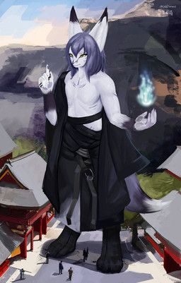 5_fingers anthro asian_clothing blue_fire clothed clothing colored_fire digitigrade east_asian_clothing fingers fire fur group hair japanese_clothing macro mountain multicolored_body multicolored_fur purple_hair solo_focus temple two_tone_body two_tone_fur yellow_eyes solutionwcs asian_mythology east_asian_mythology japanese_mythology mythology nefuki_masaki_(nephuc) canid canine fox human mammal 2022 hi_res
