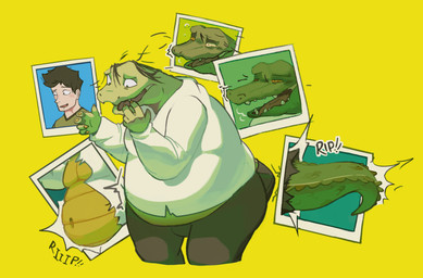 bottomwear breath brown_hair clothing eye_color_transformation green_body green_clothing green_scales green_shirt green_topwear grey_bottomwear grey_clothing grey_pants growth hair hair_loss hoodie human_to_anthro identity_death looking_pleasured male monotone_background onomatopoeia overweight overweight_male panting pants scales shirt simple_background snout snout_growth solo sound_effects species_transformation tail_burst text topwear torn_clothing transformation weight_gain white_clothing white_hoodie white_topwear worried_look yellow_background adamphoebe conditional_dnp alligator alligatorid crocodilian human mammal reptile scalie absurd_res hi_res