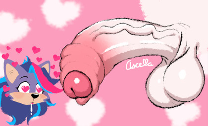 anthro balls big_balls big_penis black_nose blue_hair blush bodily_fluids disembodied_head drooling duo female foreskin fur genitals glans gradient_penis hair half-erect heart_background heart_eyes heart_reaction heart_symbol ketchup_veins male male/female multicolored_hair penis penis_awe pink_background pink_glans pink_hair pink_tongue purple_body purple_fur saliva simple_background tan_body tan_fur text tongue tongue_out vein veiny_penis wavy_hair white_penis ascella_(artist) ascella canid canine canis mammal wolf artist_name hi_res lineless signature