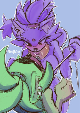 anthro blush bodily_fluids dominant dominant_anthro dominant_female duo ear_piercing ear_ring female female/female forehead_gem gem green_body hair jewelry leash leash_pull necklace orange_eyes piercing ponytail purple_body ring_piercing saliva submissive submissive_anthro submissive_female tail tan_body tan_skin tongue tongue_out atr0c1us idw_publishing sega sonic_the_hedgehog_(comics) sonic_the_hedgehog_(idw) sonic_the_hedgehog_(series) blaze_the_cat surge_the_tenrec afrosoricid domestic_cat felid feline felis mammal tenrec hi_res