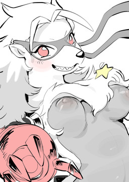 anthro areola blush bottomwear breasts clothing cybernetic_arm cybernetic_limb female fur grey_body grey_fur hair mechanical_arm nipples pants red_eyes solo star teeth white_body white_fur oposa bandai_namco digimon digimon_beatbreak digimon_(species) gulonine mammal mustelid musteline wolverine wolvermon 2025 absurd_res digital_media_(artwork) hi_res