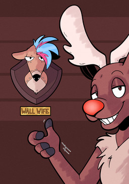 after_transformation annoyed antlers award black_nose brown_body brown_fur duo female fur gender_transformation gesturing_at_object horn inanimate_transformation looking_at_viewer male markings mounted_trophy red_nose smug_face smug_grin spots spotted_body spotted_fur taxidermy teeth text transformation trophy trophy_head trevor-fox kyp_(character) trevor-fox_(character) deer mammal new_world_deer reindeer hi_res nonbinary_(lore)