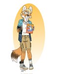 anthro blonde_hair blue_eyes cereal cereal_box clothing ears_up food footwear fur hair holding_object jewelry kleptomaniac male necklace orange_body orange_fur shoes shoplifting socks solo tail thief white_body white_fur bartek22 yuri_the_fox canid canine fox mammal hi_res