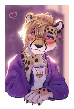 5_fingers anthro black_markings black_nose blonde_hair blurred_background border chest_tuft claws clothing countershade_face countershade_torso countershading ear_markings ear_piercing ear_ring eyebrows eyelashes eyewear femboy fingers fur glasses gold_(metal) gold_jewelry hair heart_glasses heart_symbol inner_ear_fluff jewelry looking_aside makeup male markings necklace piercing pink_eyewear pink_glasses purple_clothing purple_eyes purple_topwear ring_piercing smile solo spots spotted_body topwear tuft white_border yellow_body yellow_fur noviraine alto_(noviraine) cheetah felid feline mammal 2025 digital_media_(artwork) portrait signature