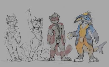anthro blue_body blue_fur closed_smile eyes_closed front_view fur group male male_anthro mouth_closed navel nipples nude red_body red_fur simple_background smile standing white_body white_fur yellow_body yellow_fur oselotti oselotti_(character) aquatic canid canine domestic_cat felid feline felis fish fox mammal shark hi_res partially_colored sketch